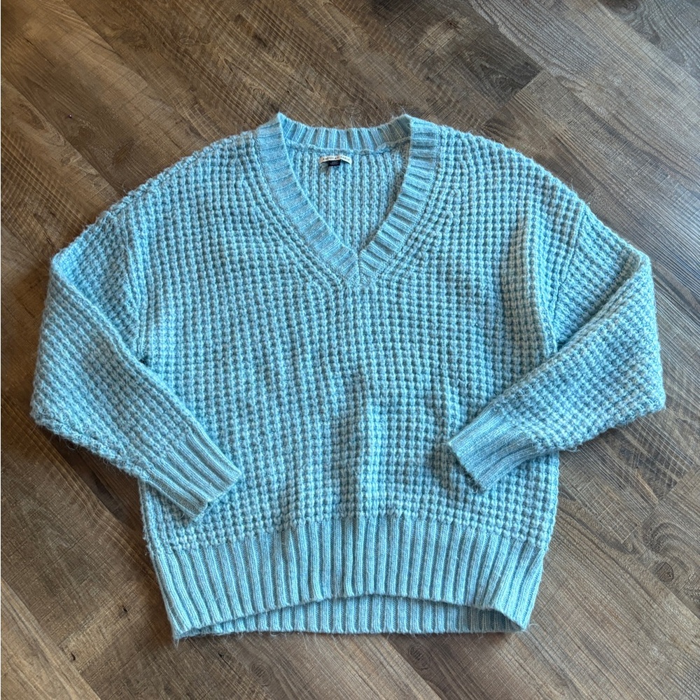American Eagle Outfitters Light Blue V-Neck Waffle Knit Sweater